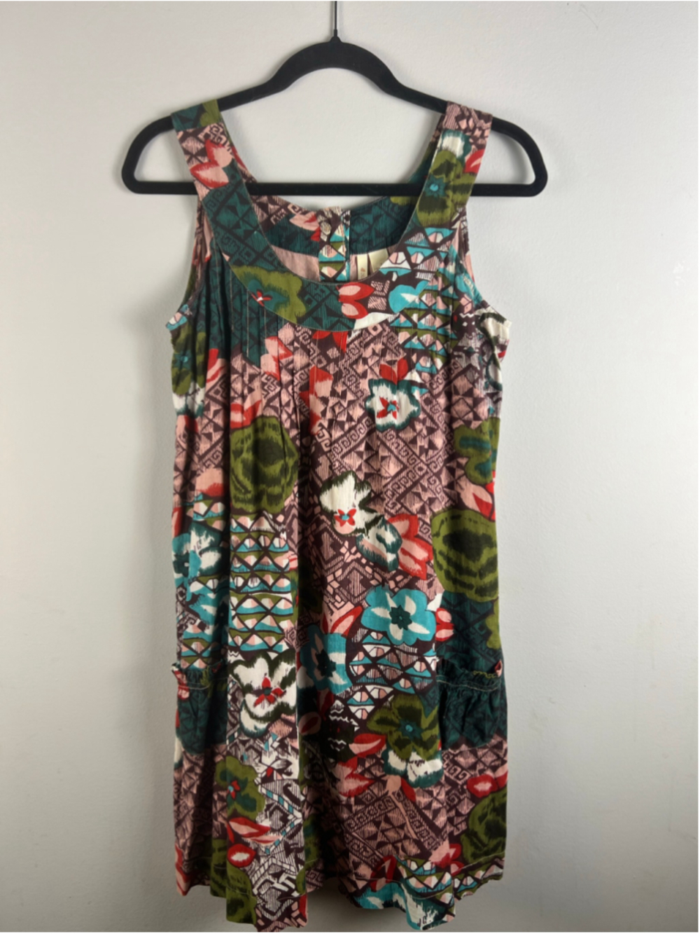 Red Camel Women’s S Boho Floral Cotton Shift Dress Sleeveless Pockets Mini Indie